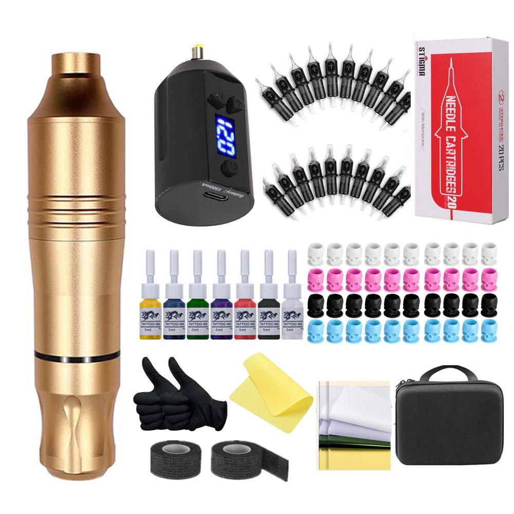 Беспроводной набор тату-ручек Полный комплект для татуировки Вращающийся шнур постоянного тока с 7-цветными чернилами Мини-мощный аккумулятор Источник питания Аксессуары для лайнера-шейдера