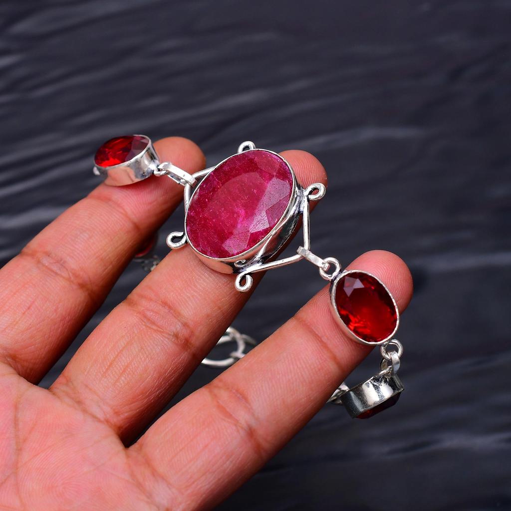 Ruby & Garnet Gemstone : 925 Sterling Silver Handmade Multi Gemstone Bracelet Jewelry