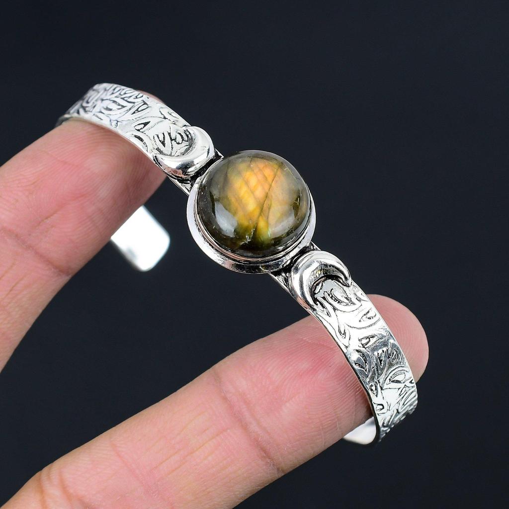 Подарок для нее Браслет из серебра 925 пробы с натуральным лабрадоритом Полумесяц Регулируемый