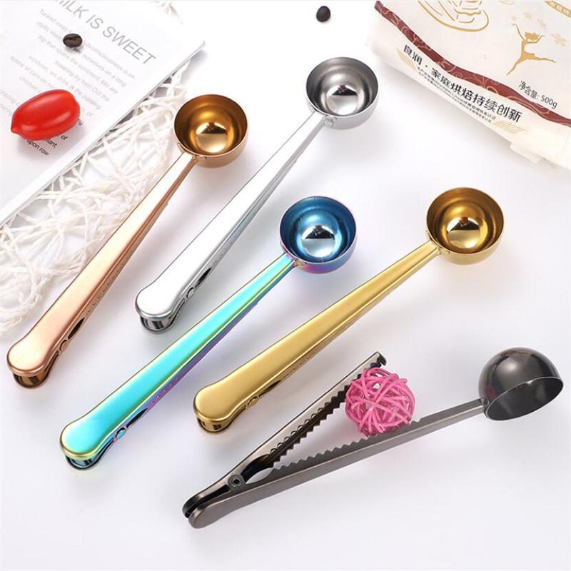 Gold Silver Multifunction Kitchen Supplies Coffee Scoop With Clip Stainless Steel Tea Measuring Cup Scoop Spoons