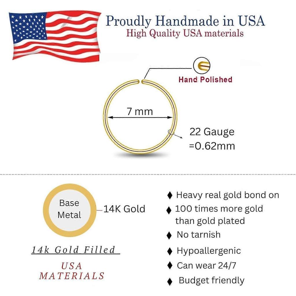 LUCKYJEWUS Small Thin Gold or Sterling Silver Nose Ring Hoop for Women, Tiny Nose Piercing less