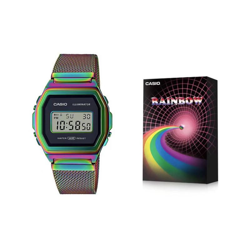 Casio Серия VINTAGE - квадратные ретро металлические маленькие квадратные спортивные часы радужного цвета кварцевый механизм нержавеющая сталь тканевый ремешок японский A1000PRW-1PRD