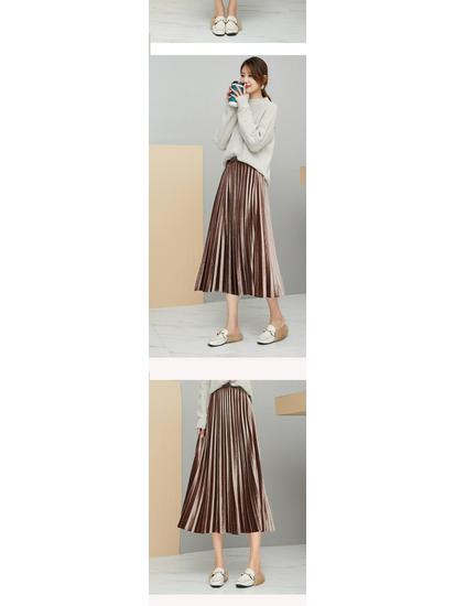 Women's High-Waisted Gold Velvet Pleated A-Line Long Skirt