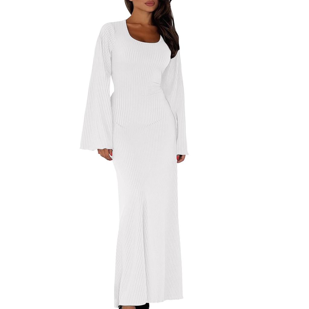 Женское элегантное трикотажное платье с завязкой на талии, платье макси с роговыми рукавами для женщин, однотонное длинное платье с U-образным вырезом, облегающее осеннее платье в рубчик