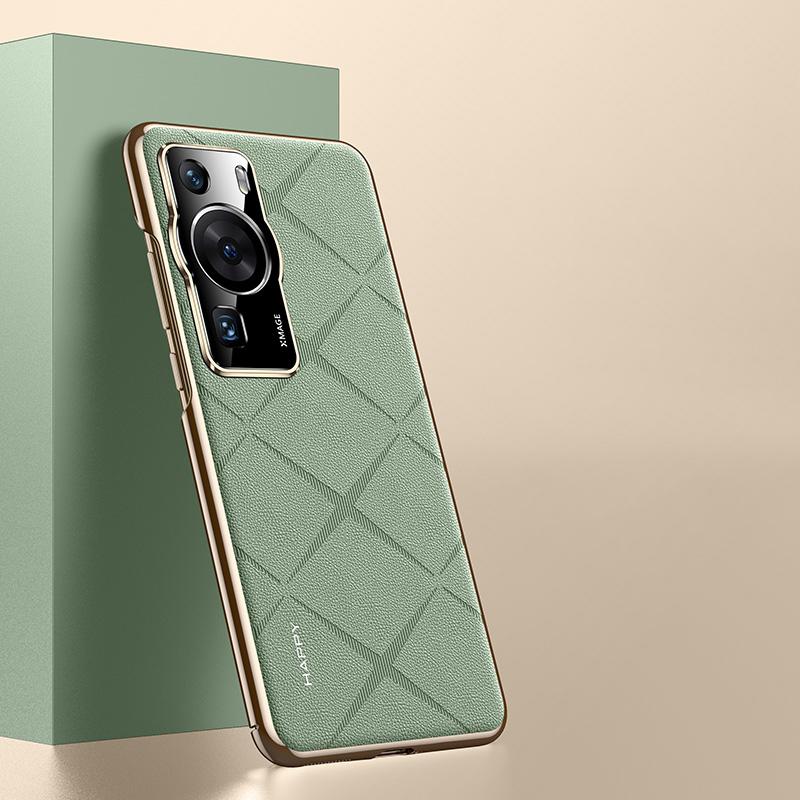 KEYSION Grid Pattern PU Leather Case for Huawei P60 P60 Pro Plating PC Camera Protection Phone Back Cover for Huawei P60 Pro