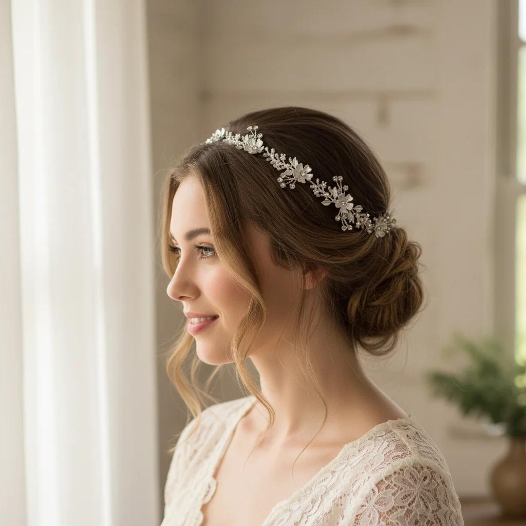 Alloy Floral Headband Pearl Headpiece Forest Style Hand-Set Crystal Bridal Hair Accessory Wedding Headpiece for Bride Bridesmaid