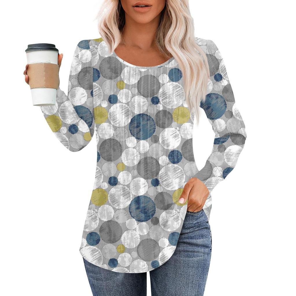 Рубашки с длинным рукавом для женщин, топы, нарядные повседневные блузки, плиссированные топы-туники с круглым вырезом