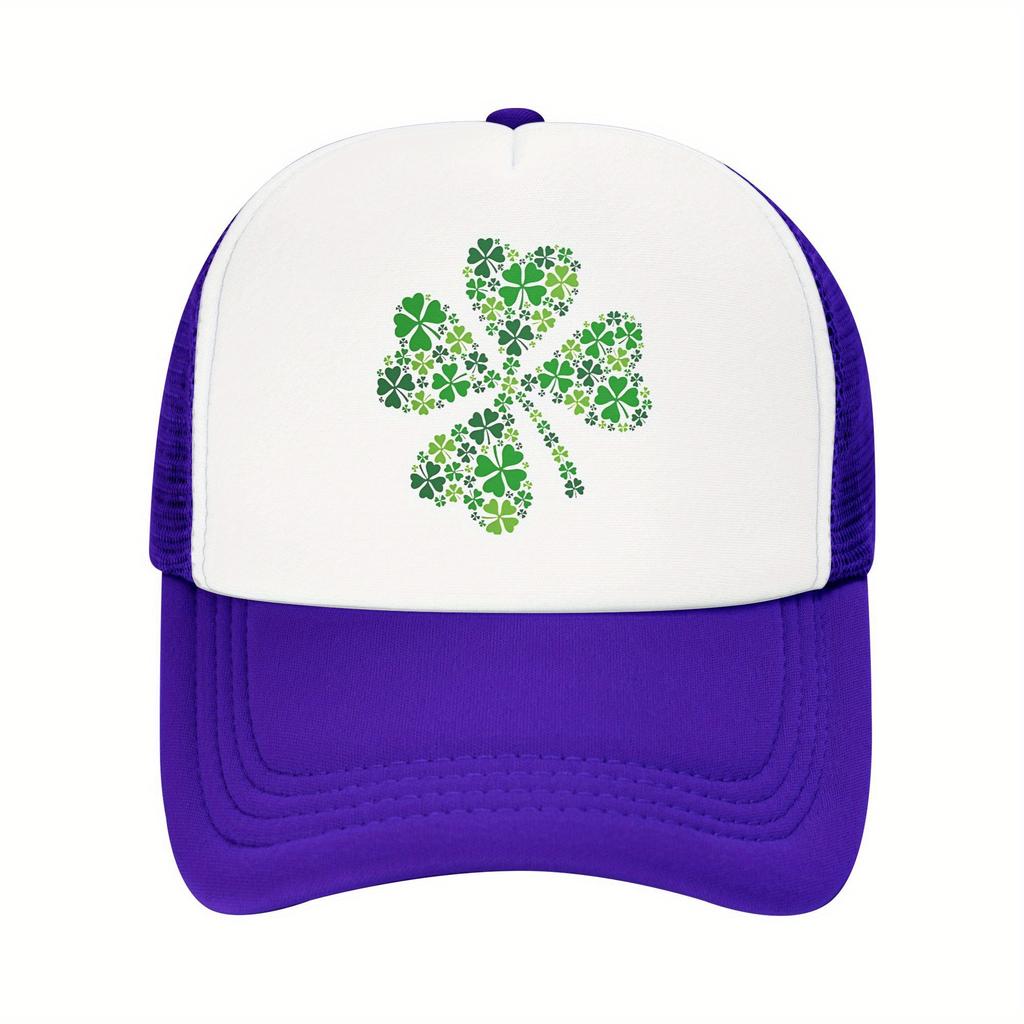Four Leaf Clover Trucker Hat Breathable Mesh Baseball Cap Green Print Casual Adjustable Unisex Adult