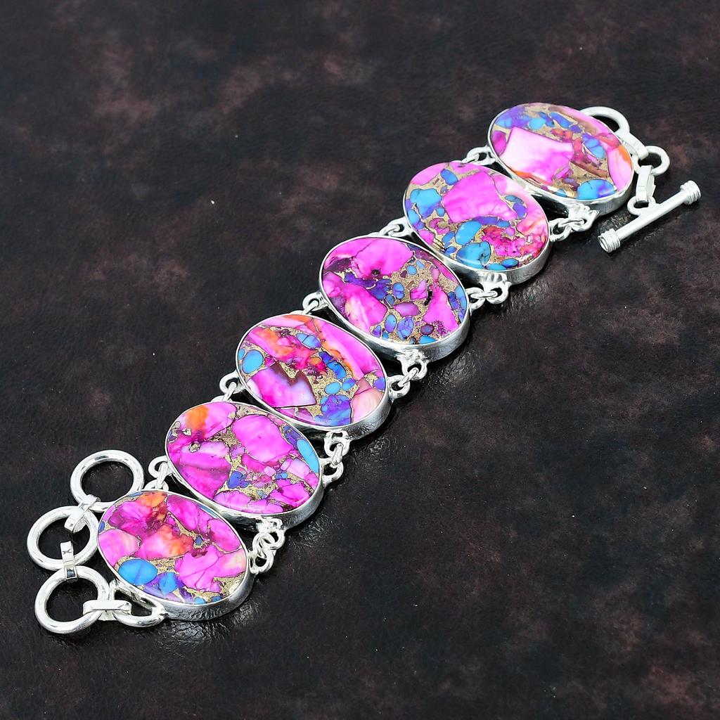 Natural Kingman Pink Dahlia Turquoise Bracelet 925 Sterling Silver Bracelet Adjustable Chain Bracelet Handmade Gemstone Jewelry Gift For Her