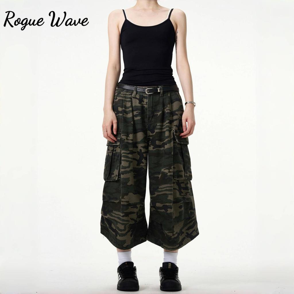 RogueWave Камуфляж Унисекс Свободные Капри Уличный Стиль Шорты Карго Повседневный Низ Женские Брюки до Икры