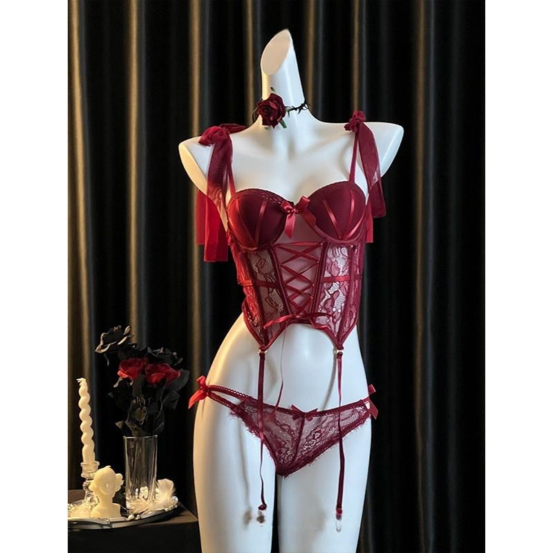 Womens Sexy Red Lace Corset Set Push Up Bustier With Bra Pads Party Clubwear