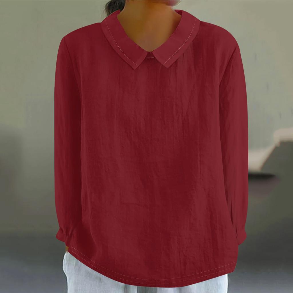 Women's Fashion Doll Collar Long Sleeve Loose Solid Color Shirt Casual Button Top