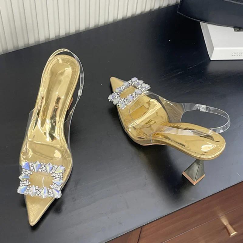 Fashion Eilyken Spring Square CRYSTAL Women Pointed Toe Pumps Sandals High Heels PVC Transparent Party Prom Shoes