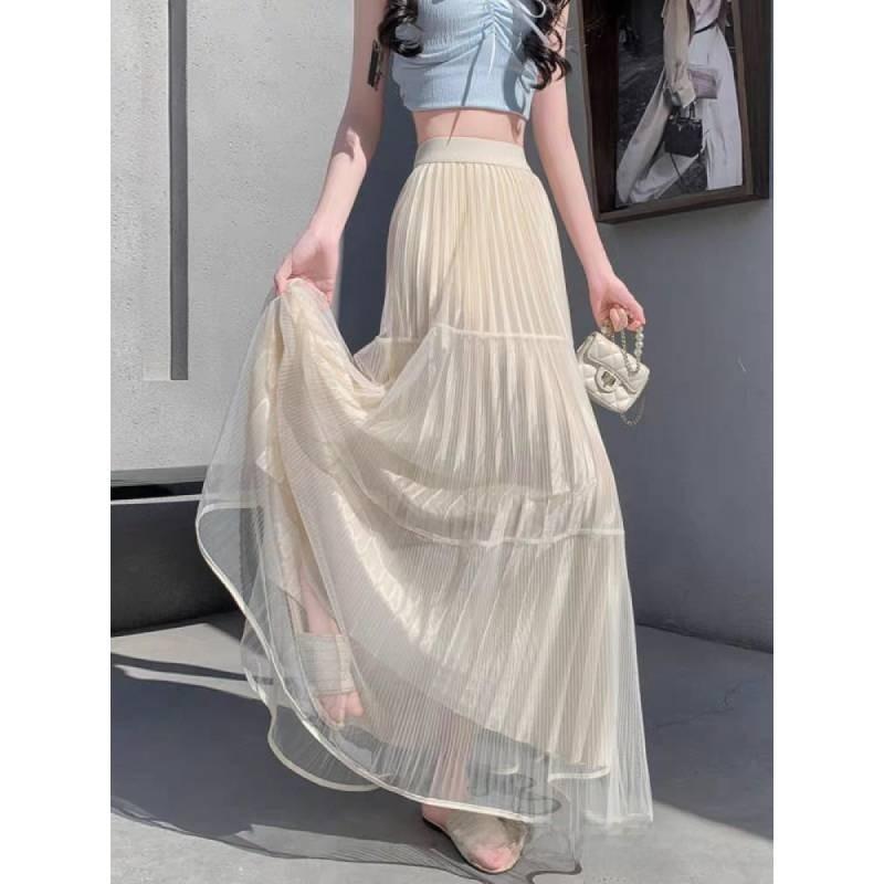 Cotton Blend Mesh Maxi Skirt With Pleats For Summer Casual Women