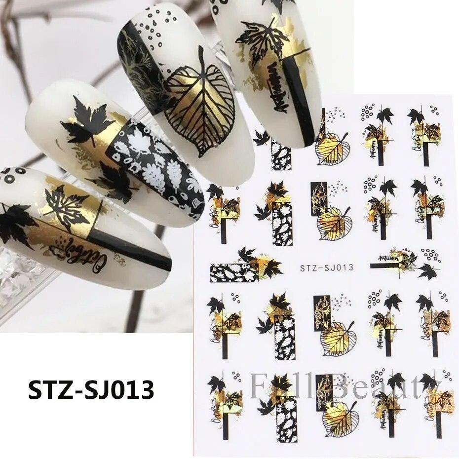 Lily Flower Geometric 3D Nail Stickers Maple Leaves Lines Nail Art Adhesive Sliders Red Berries Decals Decoration PPSTZ-SJ027