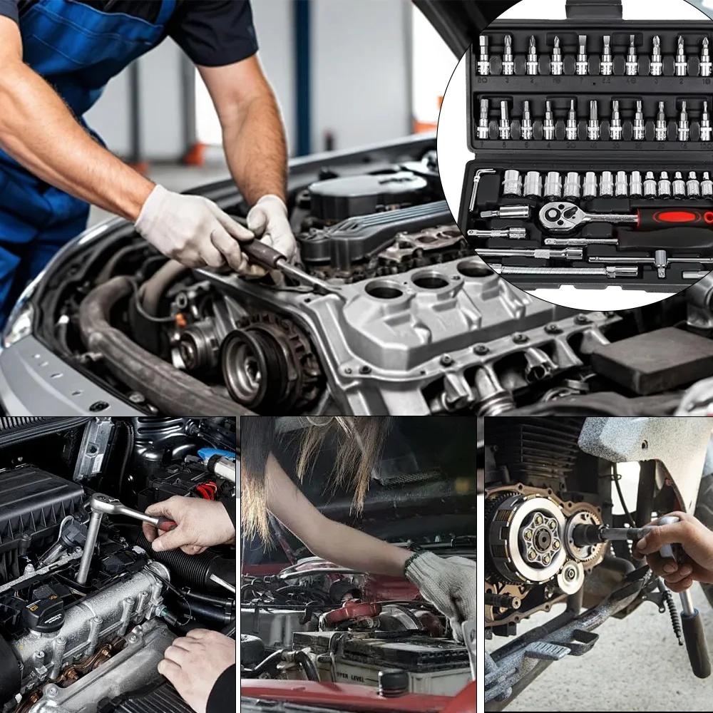 46 PCS Metric Socket Wrench Set 1/4-Inch Drive Ratchet Wrench Portable Auto Mechanical Repair Tools