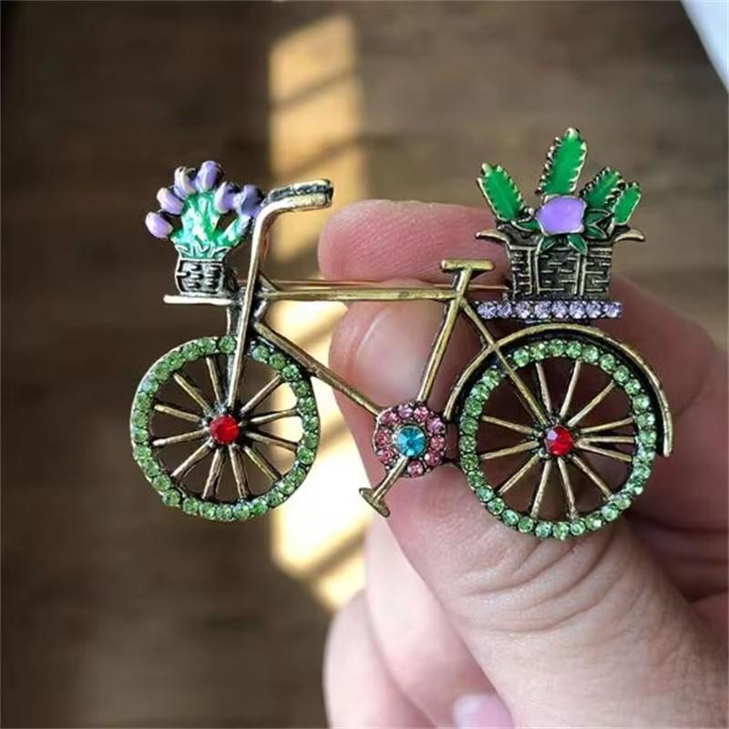 Creative Bicycle Brooch for Women Men Fashion Rhinestone Flower Basket Brooches Pins Jewelry Accessories Party Gifts 2025