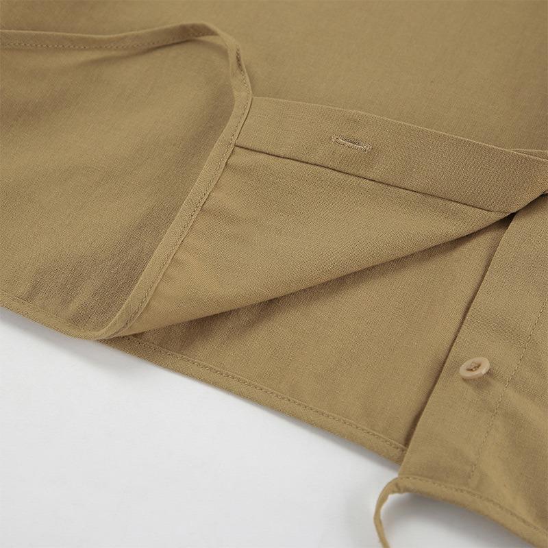 Khaki Cotton Linen Shorts Sets Women Spring Causal Long Sleeve Lapel Crop Shirt Lace-Up Wide Leg Shorts Simple Suits