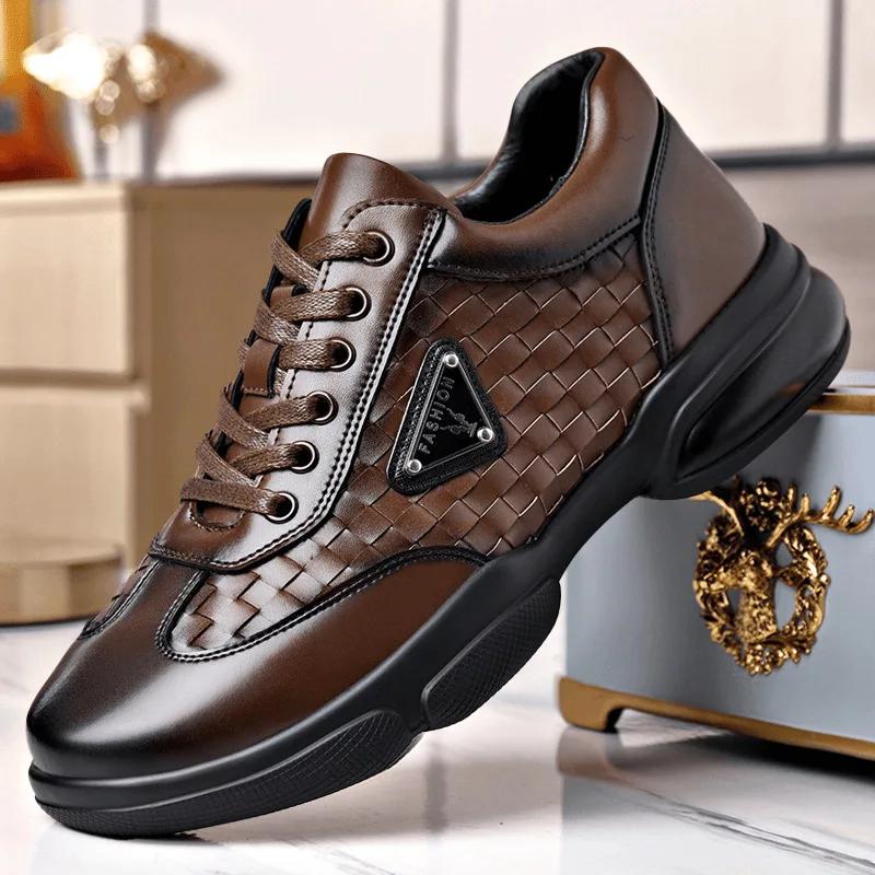 Повседневная мужская обувь Весна Новый стиль Тканые модные мягкие дышащие шнурованные туфли с круглым носком спортивная обувь для отдыха