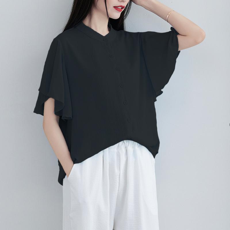 Literary Summer Loose Stand Collar Solid Color Short Sleeve Shirt Women's Fashion Flying Sleeve Blouse Top