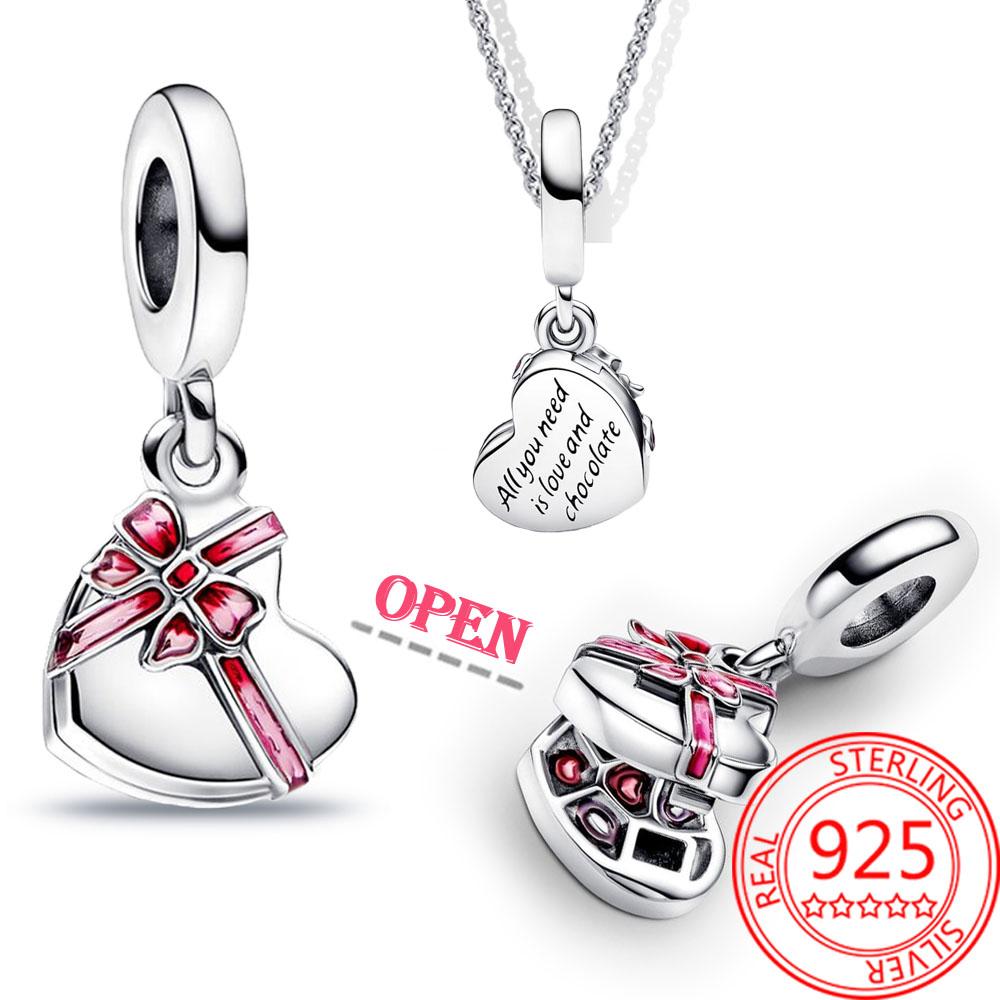 Стерлингового серебра 925 пробы, открывающееся сердце, шоколадная подарочная коробка, подвеска, подходящий браслет, женский ювелирный кулон