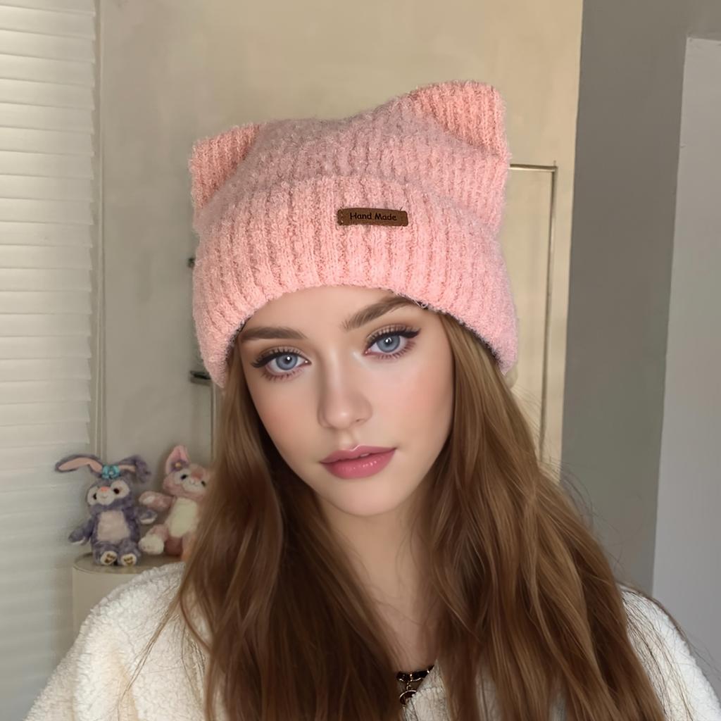 1 шт. шикарная кожаная шапка-бини с ушками - женские вязаные аксессуары для путешествий на свежем воздухе - утолщенная теплая однотонная повседневная шапка для зимы