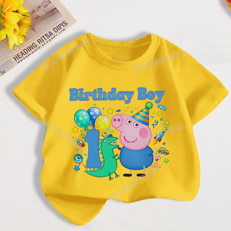 Peppas George Pig Boy Number T Shirt Children Birthday Clothes Short Sleeve Cotton Tee Cartoon Kid Tops Summer Toddler Clothing