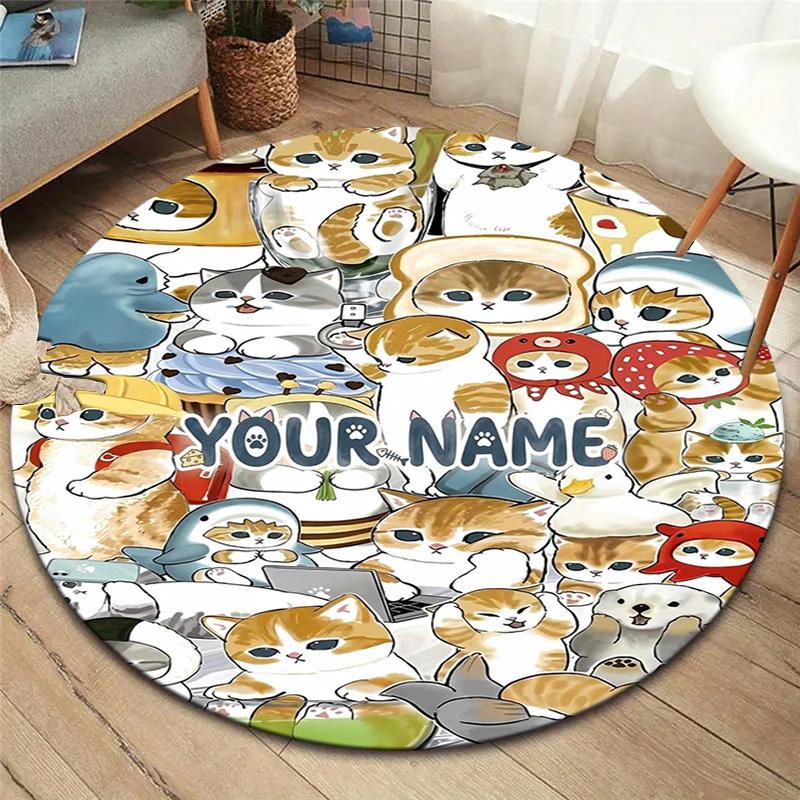 Bee Strawberry Cats Custom Name Round Area Rug Carpet Rug For Living Room Bedroom Sofa Playroom Decor Nonslip Floor Mat
