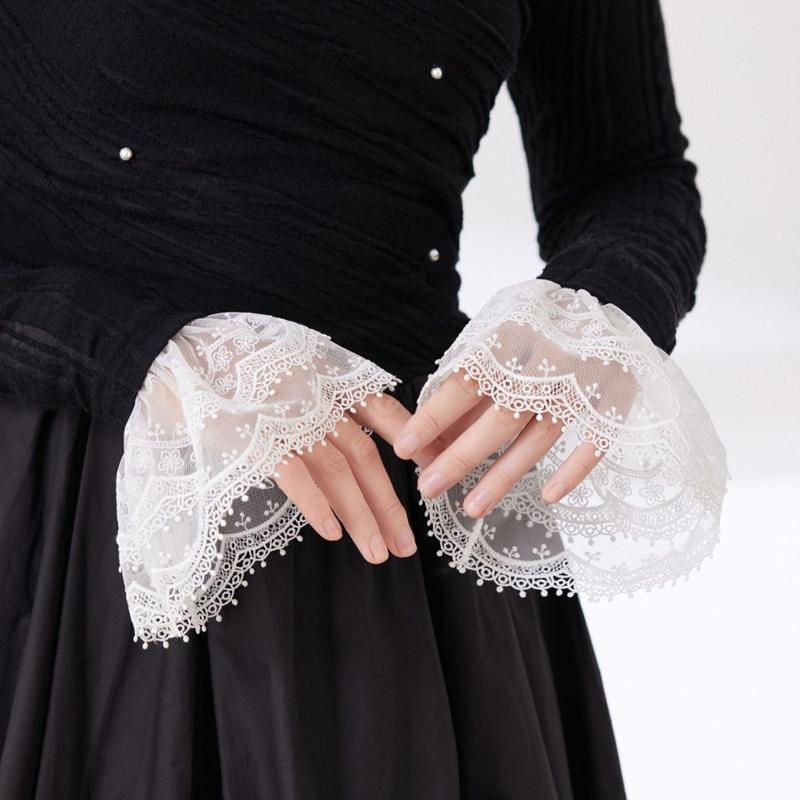 Elegant Romantic Mesh Lace Detachable Layered Ruffle Fake Sleeves Sweet Decoration Sweater Elastic Wrist Horn Cuffs