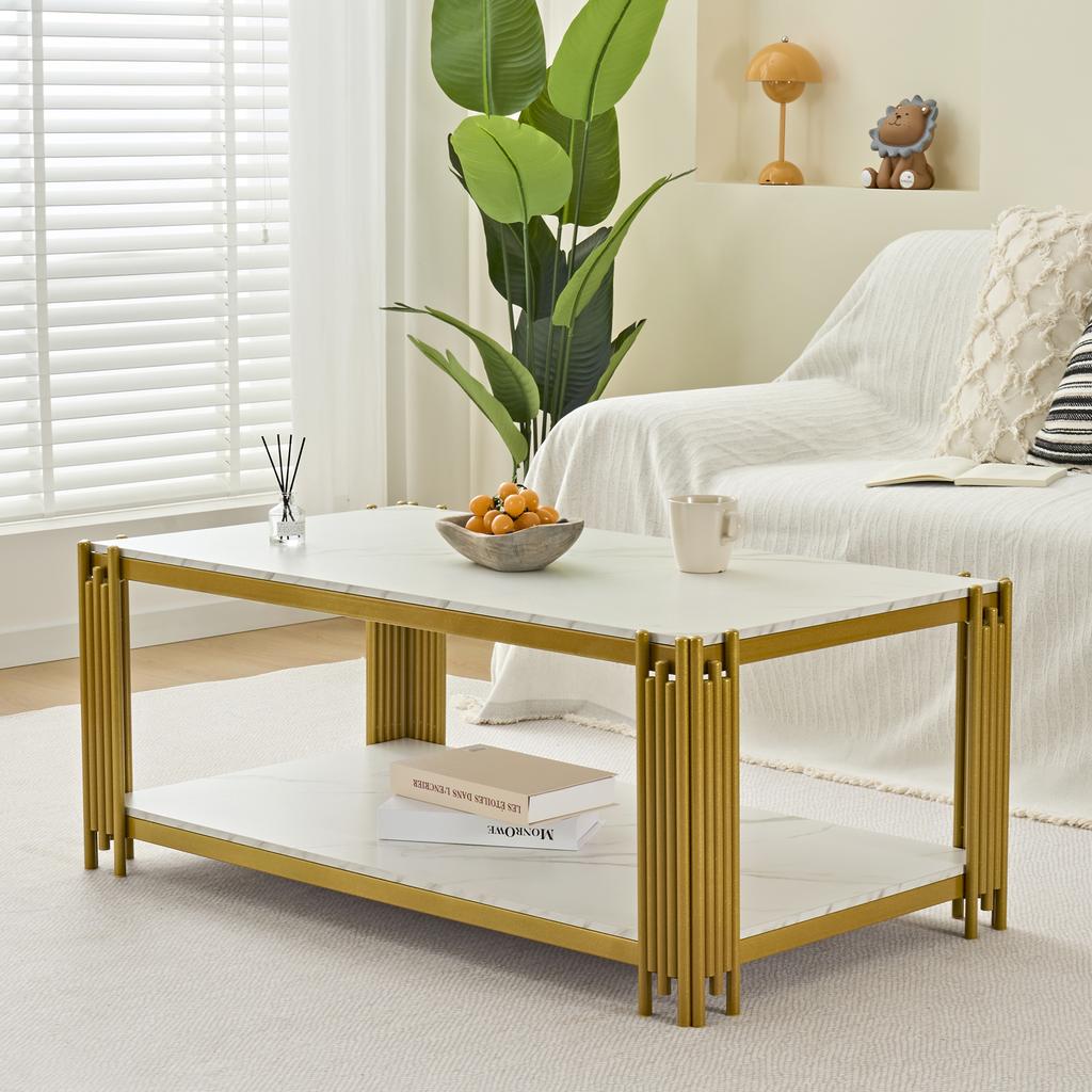 Rectangular Coffee Table with Metal Legs, Marbled Tabletop, Modern Living Room Furniture, White-Gold – H46/B1140/T64 cm