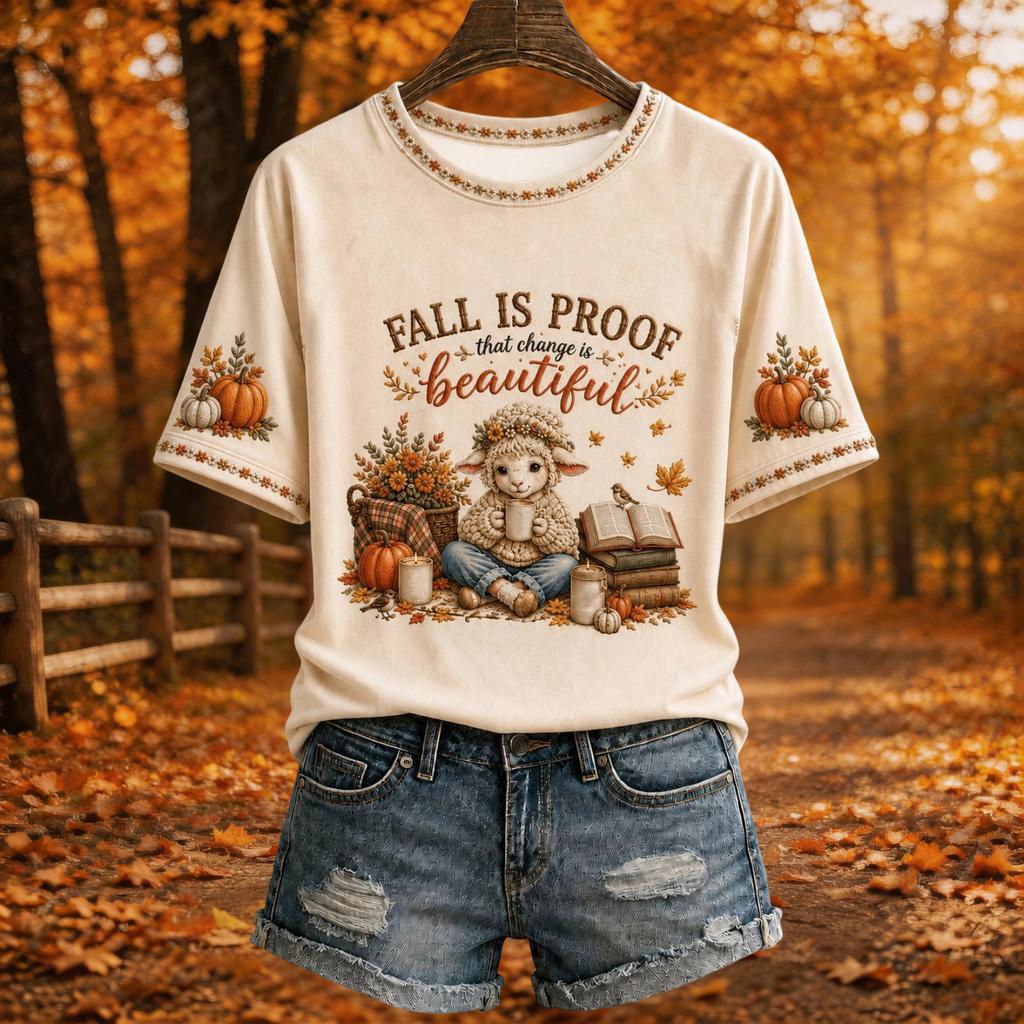 Women's Fall Theme Print Crewneck Short Sleeve Top Casual Tee