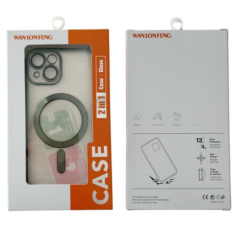 For iPhone 13 Pro 6.1 Inch Magnetic Case WANLONFENG Electroplated TPU Cover with Lens Film+2Pcs Tempered Glass