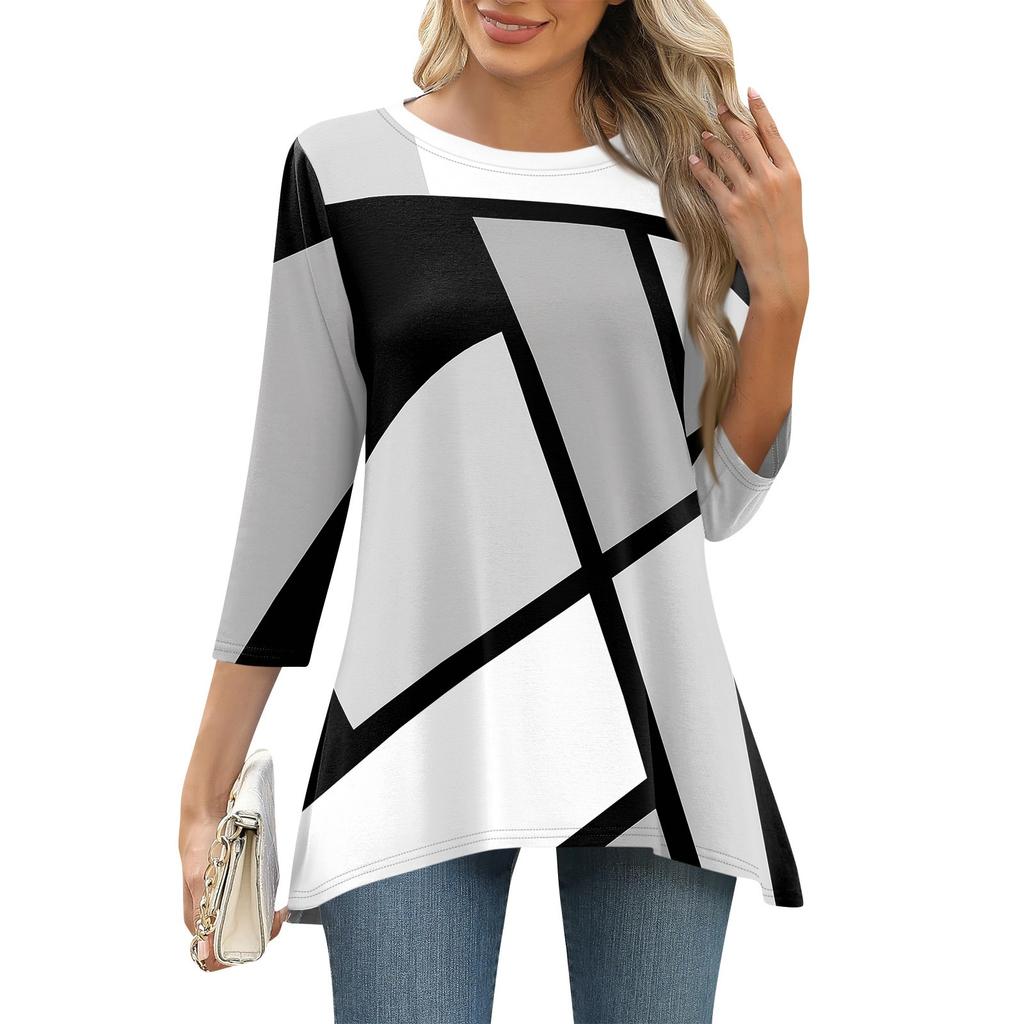 3/4 рукав туника топы для женщин принтованный повседневный выходной свободный крой модная базовая футболка с круглым вырезом