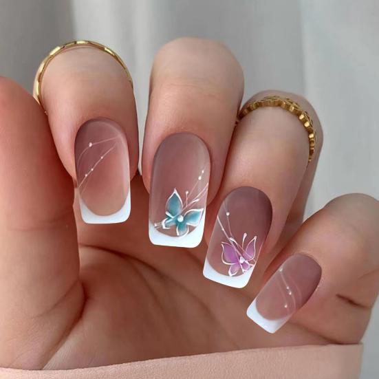 Yousheng 24Pcs Butterfly Fake Nails French Square Long Nail Extension Removable Home Salon Women Girls Full Cover Plastic Press on Nails Kit