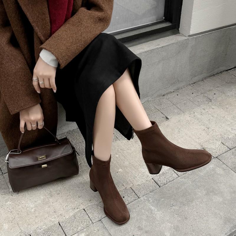 5.5cm European Style Slim Ankle Boots Women Round Toe Block Heel Back Zip Fall Winter