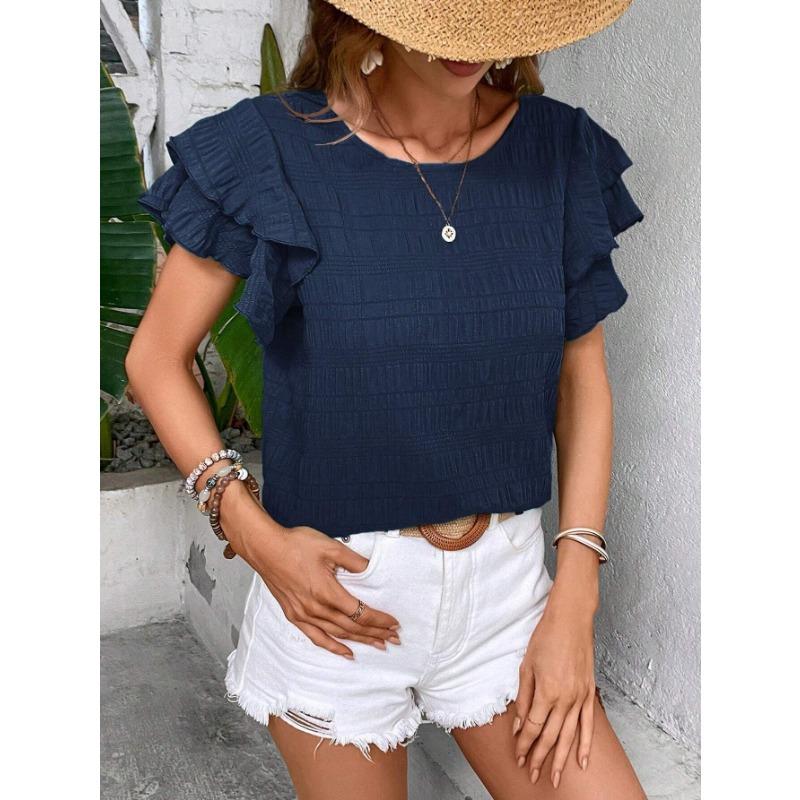 VEZFAA Женские модные повседневные летние весенние однотонные блузки и рубашки с короткими рукавами и круглым вырезом с принтом