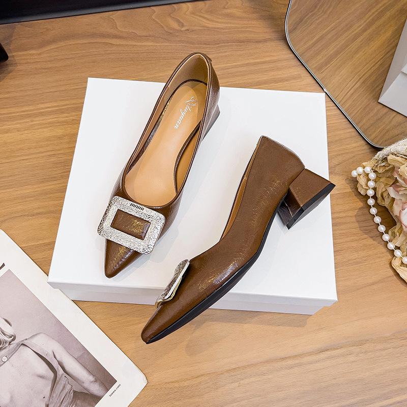 French Shallow Single Shoes Women's Middle Heel 2025 Spring New Rhinestone Square Buckle Pointed High Heels Thick Heel Large Size Women's Shoes