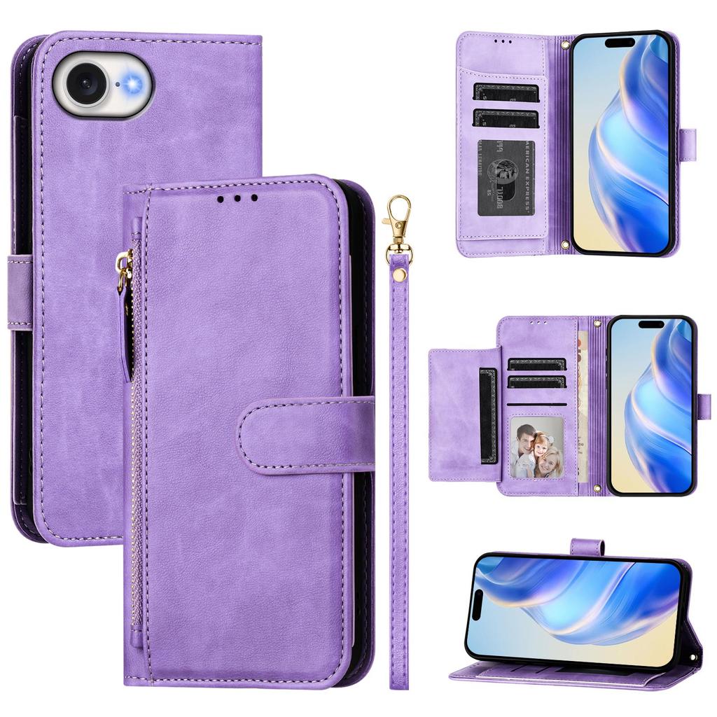 For iPhone 16e Case Zipper Pocket Multiple Card Slots Leather Phone Cover