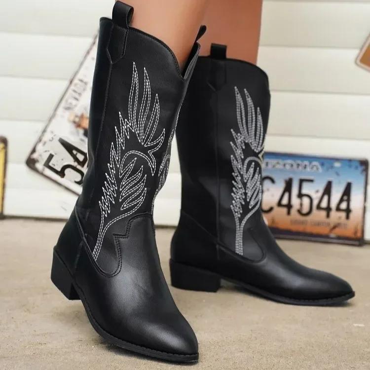 Women Fashion Slip On Knight Boots Ladies Autumn Winter Thick Sole Knight Shoes Pointed Toe Square Heel Embroidered Cowboy Boots