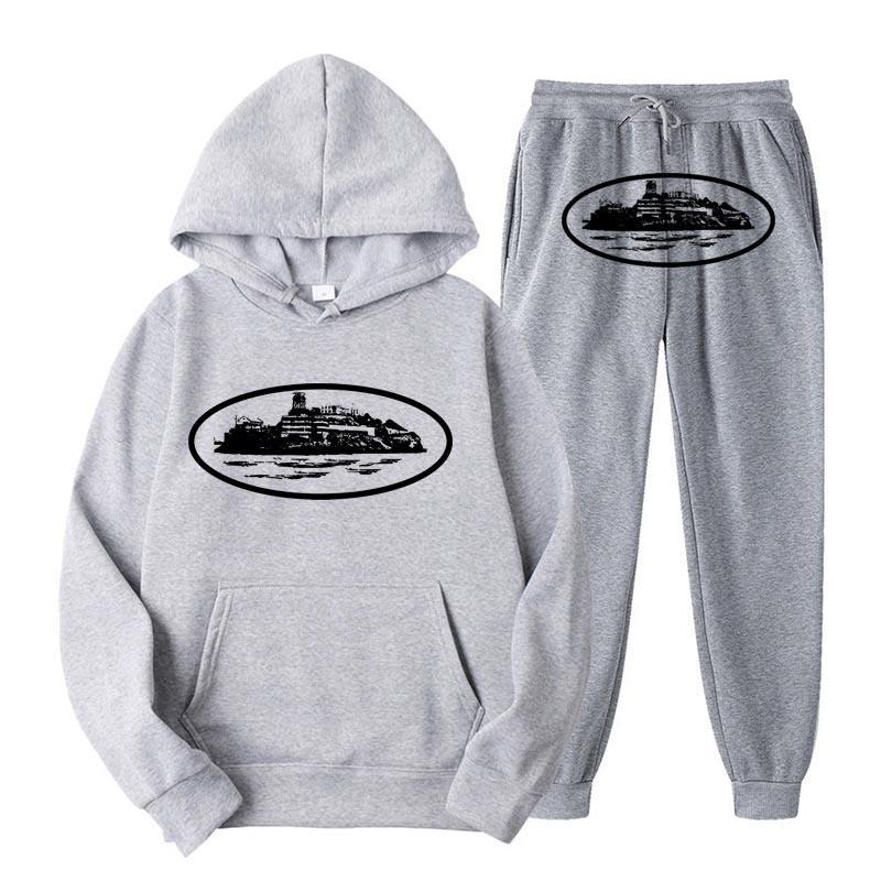 Unisex Hooded Fleece-Lined Graphic Sweatshirt Set Loose Fit Winter Casual Outfit Men Women