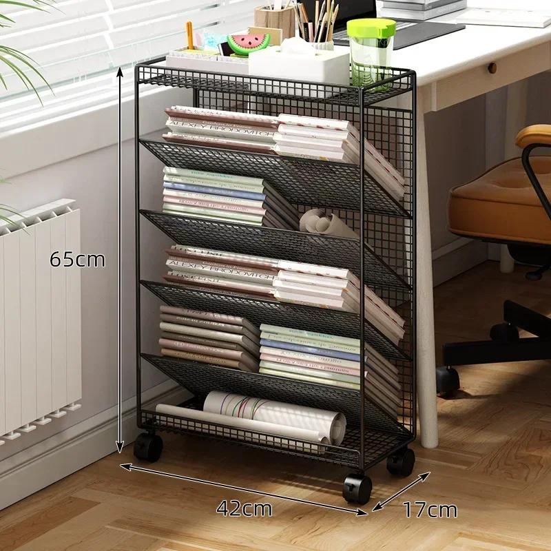 Large Bookshelf Library Cart Mobile Book Storage Shelf Metal Bookcase Holder Office Desk Document Storage Rack Kidroom Organizer