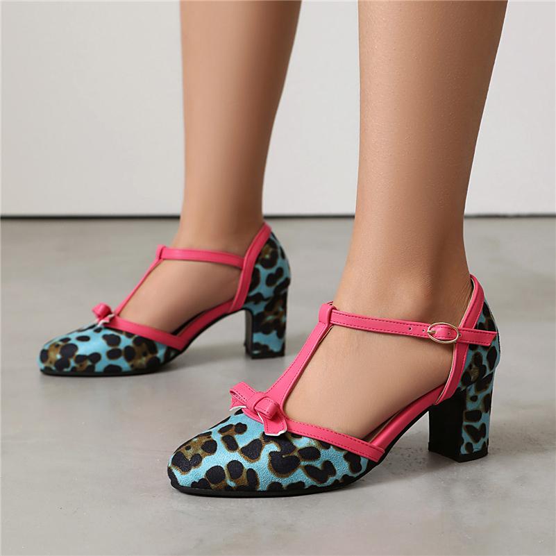 FOREADA Женские туфли-лодочки из двух частей с круглым носком, на толстом высоком каблуке, с пряжкой, смешанных цветов, с бантом и Т-образной застежкой, модная женская обувь, весна-осень 43
