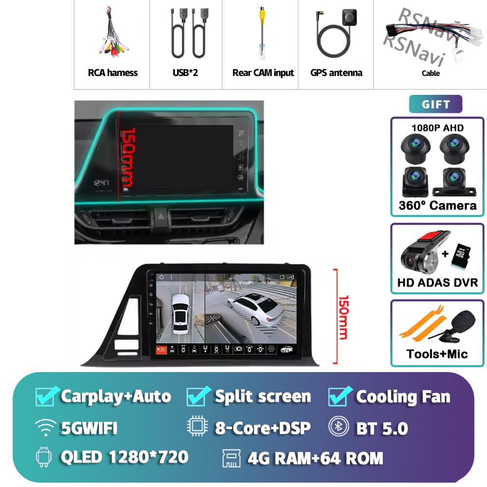 Android 14 Carplay Auto Для Toyota C-HR 2016 - 2020 Автомагнитола Мультимедийная стереосистема Камера 360 Навигация Видео ИИ Голосовое управление GPS