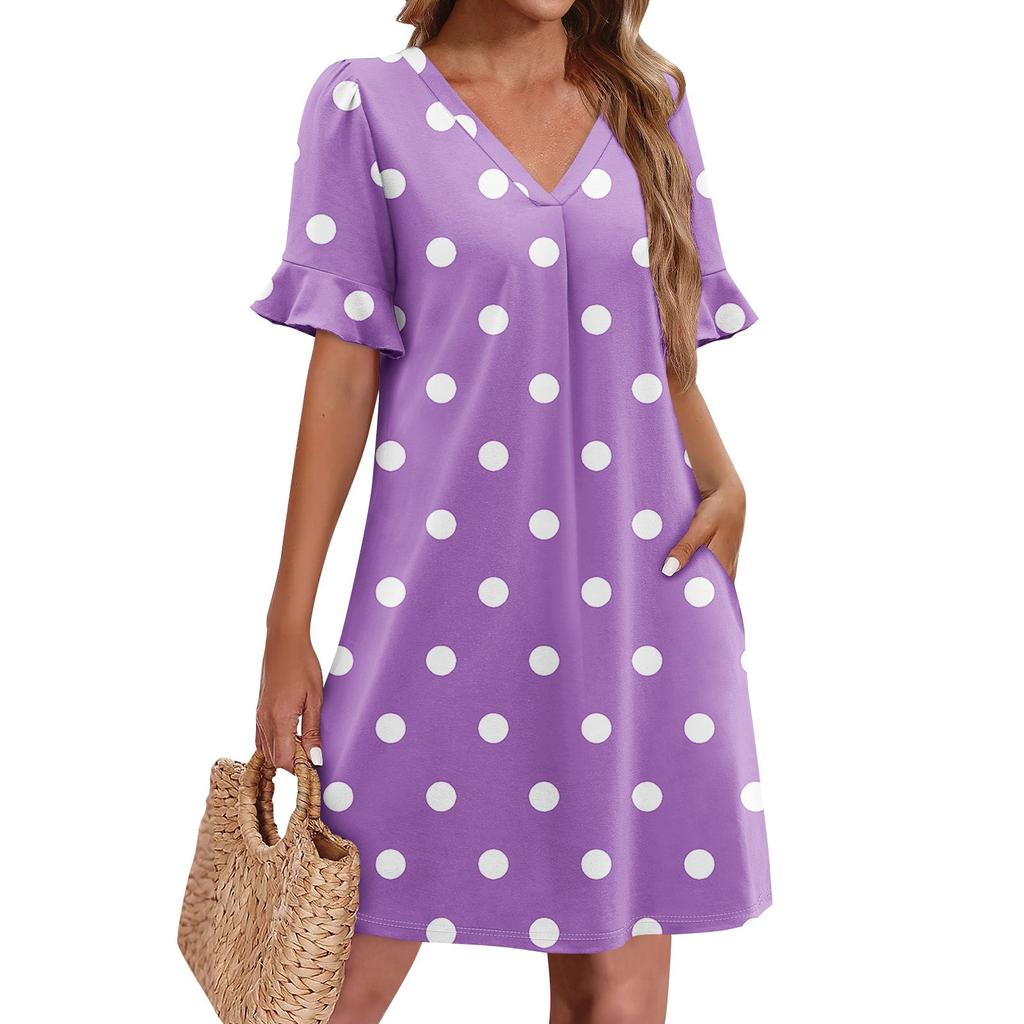 Летние платья для женщин с V-образным вырезом, оборками и коротким рукавом, повседневное свободное платье с принтом, пляжное платье с карманами