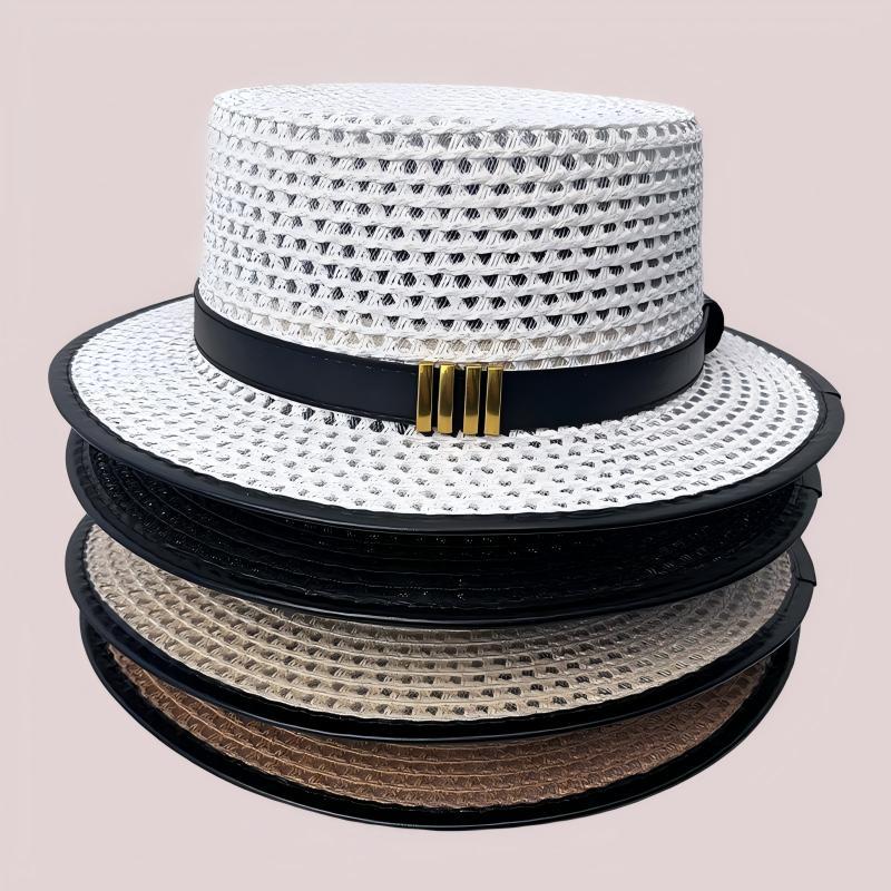 Summer new breathable flat top straw hat women's outdoor sunshade sun protection hat vacation seaside trip beach hat