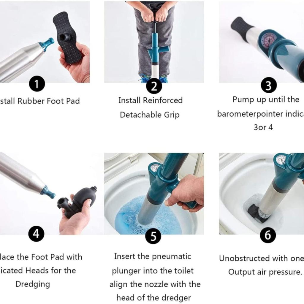 High Pressure Toilet Plunger & Drain Unblocker Kit with Visual Barometer & 4 Replaceable Heads - Heavy Duty for Blocked Toilets, Sinks, Baths, Showers