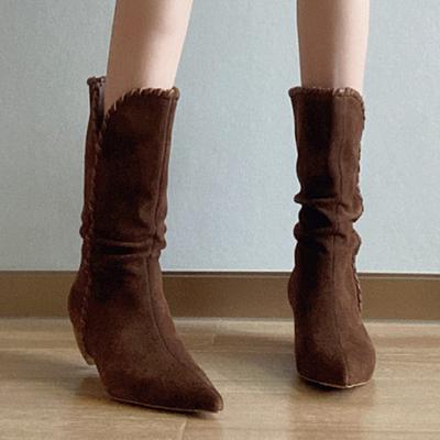 Замшевые ботильоны женские с острым носком на высоком каблуке обувь элегантный тренд 2025 новые ретро ботинки зимние туфли-лодочки для вечеринки боты