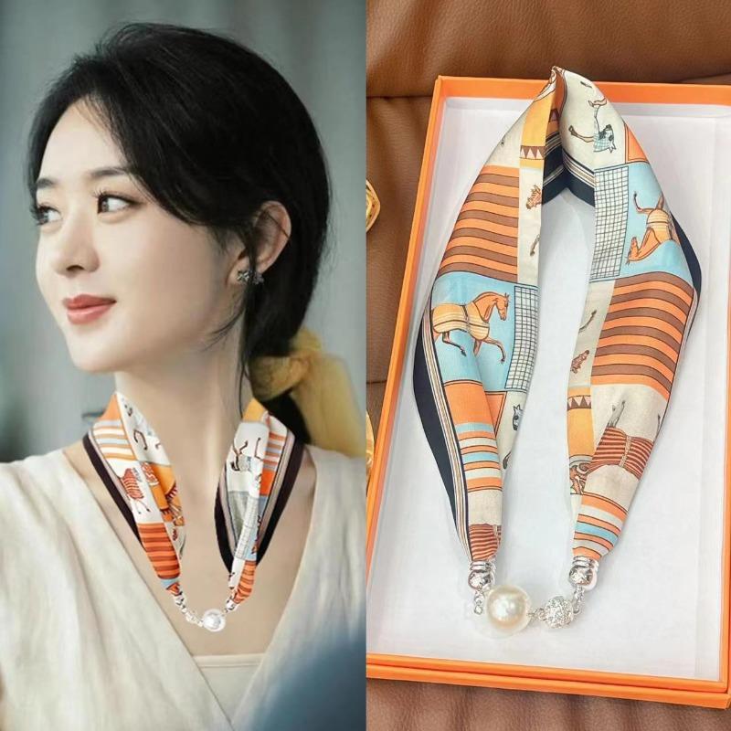 Silk Scarf Women's Spring, Autumn and Summer New Fashion Neck Protection Decoration Long Necklace Type Magnetic Buckle Scarf Small Scarf
