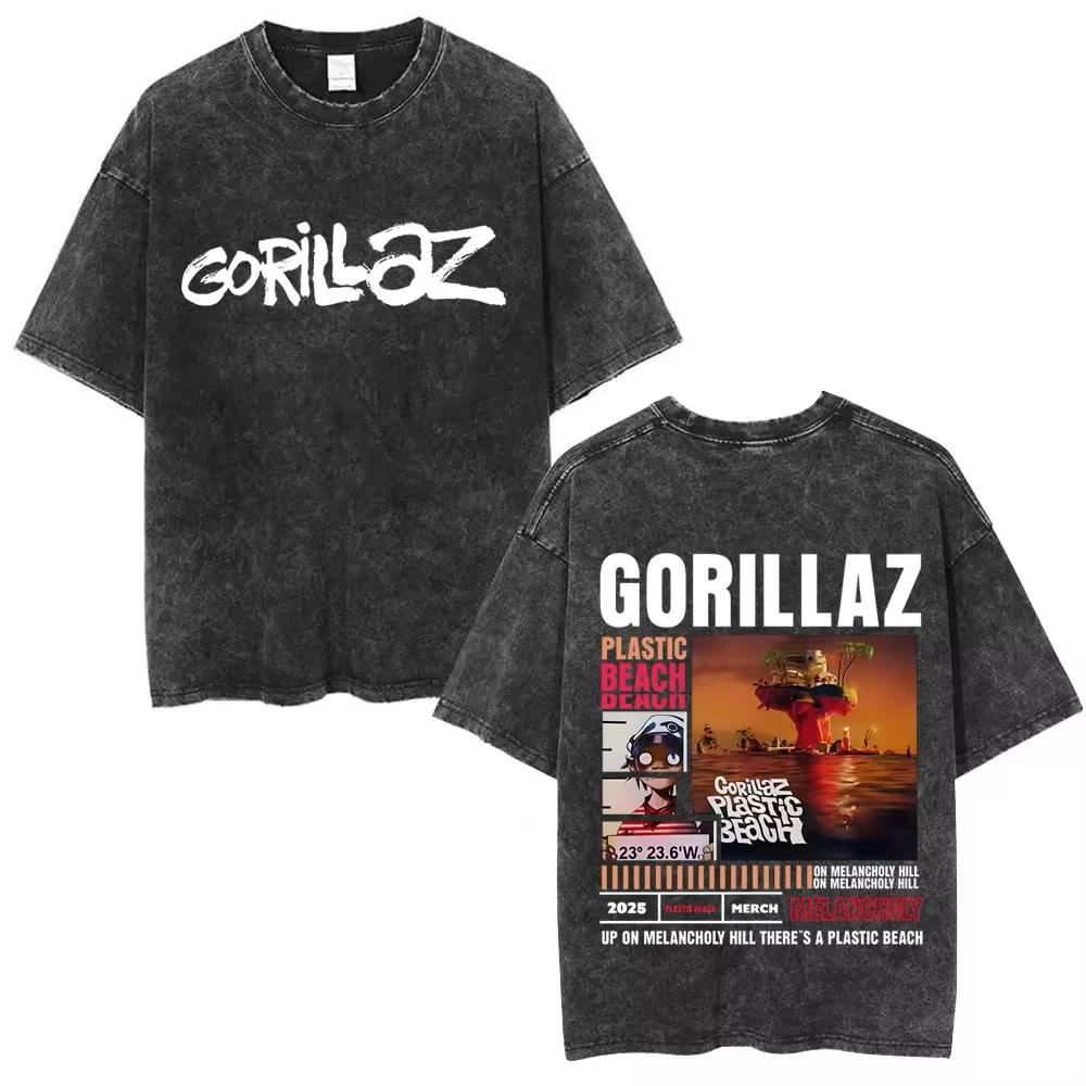Washed Vintage Rock Band Gorillaz Album Graphic T-shirt Men's Women Hip Hop Fashion Oversized T Shirts Male Cotton Streetwear