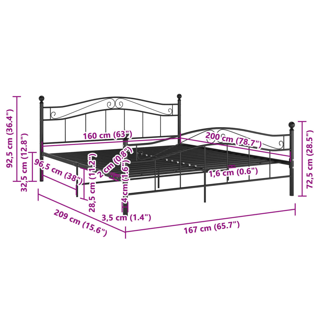Double Bed Frame Black Metal 160 x 200 cm